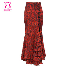 Corzzet Vintage Red Brocade Ruffle Slim Hight Waist Gothic Victorian Fishtail Skirt Steampunk Long Mermaid Skirt 2024 - buy cheap