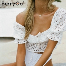 BerryGo Bohemian hollow out women crop tops Sexy short sleeve lace up female tank tops Elastic high waist ladies summer tops 2024 - buy cheap