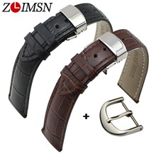 ZLIMSN Genuine Leather Cowhide Watchbands Men Women Black Brown Watches Accessories 18mm 20mm   Stainless steel Deployment Clasp 2024 - buy cheap