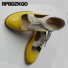 Respirável 12 44 13 rendas acima de couro genuíno brogue vintage mulher oxfords sapatos oco para fora tamanho japonês 45 rosa amarelo grande 2024 - compre barato