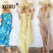 XURU summer new chiffon dress print tube top loose dress bohemian holiday beach split long dress 2024 - buy cheap