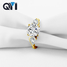 QYI-Conjunto de anillos de tres piedras para mujer, sortija de corte redondo de 2 ct, sortija de compromiso de diamante de imitación de Sona, anillos de oro amarillo sólido de 14K 2024 - compra barato