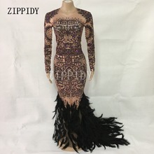 Fashion Sparkly Rhinestones Feather Nude women Dress Sexy Nightclub Full Stones Long Big Tail Costume Prom  Celebrate Dresses 2024 - buy cheap