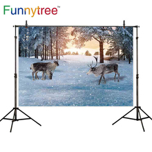 Funnytree fina fotografia de vinil backdrops rena natal neve pôr do sol floresta fundo para estúdio foto nova adereços 2024 - compre barato