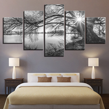 Lienzo Modular de impresión en HD para pared, pinturas de árboles grandes junto al lago, paisaje blanco y negro, marco de decoración para el hogar, 5 piezas 2024 - compra barato