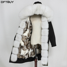 Oftbuy casaco de inverno feminino, jaqueta longo de pele real com gola de guaxinim natural, forro de pele de raposa removível, à prova d'água 2024 - compre barato