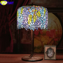 FUMAT Wisteria Stained Glass Tiffany Style Table Lamps Copper Bases Pink Flower Green Leaf Handcraft Desk Lamp Art Decor Lights 2024 - buy cheap