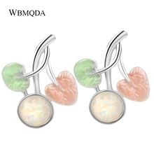 2018 Unique Colorful Enamel Cherry Stud Earrings For Women Silver Color Opal Stone Earings Fashion Jewelry Accessories BFF Gift 2024 - buy cheap
