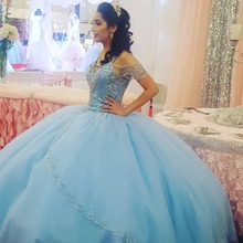 Blue Puffy Cheap Quinceanera Dresses Ball Gown V-neck Tulle Beaded Crystals Party Sweet 16 Dresses 2024 - buy cheap