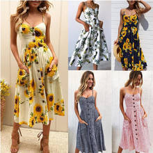 Summer Sexy Beach Long Boho Women's Dress Strap Print Floral Casual Loose Plus Size Robe Femme Midi Dress Elegant Sundress 2024 - buy cheap