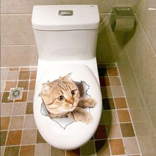 3D милый стикер на стену с кошкой, наклейки для туалета, с отверстием, яркие собаки, ванная комната, украшение дома, наклейки для животных, художественный стикер, настенный плакат 2024 - купить недорого