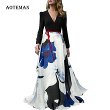 Elegant Print Long Ball Gown Dress 2020 Casual Vintage Belt Lantern Sleeve Party Dresses Sexy V Neck Autumn Winter Dress Women 2024 - buy cheap