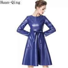 New Spring Autumn Office Lady Leather Dress Women's Vintage O-Neck With Belt Yellow A-Line Dress Vestidos Long Sleeve PU Dress 2024 - buy cheap