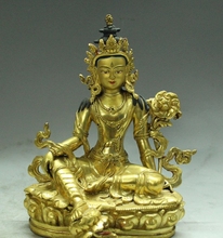 8' Old Tibet Buddhism Bronze 24K Gold Lotus Flower Green Tara Buddha Goddess 2024 - buy cheap