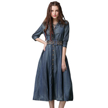 2022 primavera punk moda tendência 3/4 manga longa retro azul denim emboridery vestido longo elegante cinto vestidos vintage para a mulher 2024 - compre barato