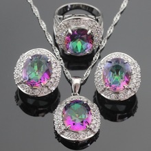 Silver Color Jewelry Sets Multicolor Rainbow White Crystal Drop Earrings Pendant Necklace Rings For Women Gift Box 2024 - buy cheap