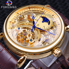 Forsining relógio de pulso masculino de luxo, esqueleto dourado, azul, marrom, couro genuíno, mecânico, à prova d'água 2024 - compre barato