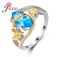 Anel elegante folha 925 prata esterlina, promoção anel grande zircônia cúbica azul verde declaração para mulheres joias românticas bague 2024 - compre barato