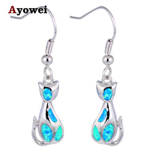 Appealing Cat Design Blue Fire Opal stamp Silver Dangle Earrings Fashion Jewelry Opal Jewelry OE551A 2024 - buy cheap