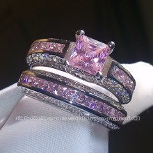 Professional wholesale Size 5-10 Luxury Trendy Jewelry 10kt  white gold filled pink AAA CZ Simulated stones Wedding Ring set 2024 - buy cheap