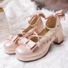 Zapatos de princesa japonesa Lolita para mujer, calzado individual con tiras cruzadas y lazo, dulce COS, tacón medio grueso JK, uniforme lolita 2024 - compra barato