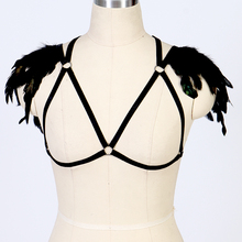 Black Goth Feather Body Harness Epaulettes Adjust Cape bra Lingerie Straps Bondage shoulder burningman burlesque festival rave 2024 - buy cheap