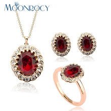 MOONROCY-conjunto de joyas de cristal rojo de Color oro rosa, collar, pendientes y anillo, conjunto de joyería para mujer, regalo, envío gratuito 2024 - compra barato