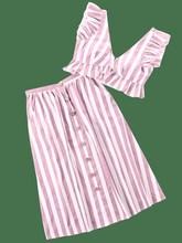 Two Piece Set Summer Women Sleeveless V Neck Crop Top Ruffle Button High Waist Skirts Striped Sets 2024 - buy cheap