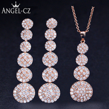ANGELCZ Trendy Full Micro Pave CZ Stone Rose Golden Round Long Pendant Necklace Jewelry With Drop Earrings Party Set Design J146 2024 - buy cheap