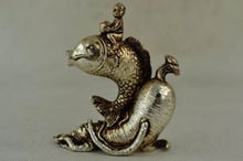 Old Handwork Tibet Silver Carving A Child Sitting On The Fish & Ginseng Statue 2024 - buy cheap