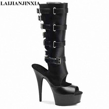 LAIJIANJINXIA New 2018 Botas Mujer Plus Size China 34-46 Ladies Party Boots 15cm High Heels Buckle Strap Women Boots Black Boots 2024 - buy cheap