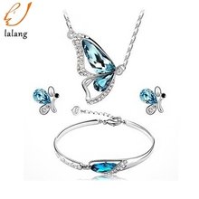 Conjuntos de joias femininas, conjunto joias femininas banhado cristal austríaco azul pingente borboleta colar brincos pulseira 2024 - compre barato