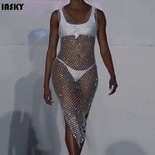 IASKY 2019 New Bling bling crystal fish net beach cover ups sexy women bikini swimsuit bathing suit cover up dress beach wear 2024 - buy cheap