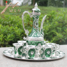 Free shipping silver finish with green color metal wine set/tea set, fashion zinc alloy wine set, 1 set= 1 plate+ 1 pot +6 cups 2024 - buy cheap