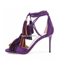 High Quality Purple Suede Tassel Lace-up Sandals Woman High Heel Cut-out Peep Toe Party Sandals For Woman Drop Shipping 2024 - buy cheap