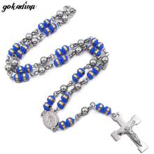 Модная цепочка GOKADIMA для вечерние с голубыми католическими четками, ожерелье из нержавеющей стали, ювелирные изделия с крестом для мужчин и женщин WRN59 2024 - купить недорого