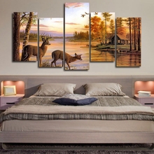 Modular Painting Canvas Wall Art Picture Decor 5 Pieces Animal Antelope Drink Water HD Printed Sunset Log Cabin Landscape Poster 2024 - buy cheap