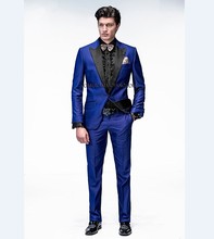 Smoking com lapela e xale feito sob medida, terno masculino azul royal (jaqueta + calça + gravata + lenço) b849 2024 - compre barato