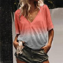 Женская футболка с градиентным принтом, летняя Свободная Повседневная футболка с коротким рукавом и треугольным вырезом, большие размеры, S-5XL 2024 - купить недорого