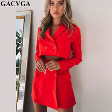 GACVGA Buttons A-Line Two Piece Set Women Dress Long Sleeve Notched Mini Autumn Dress Solid Casual Office Ladies Short Dress 2024 - buy cheap