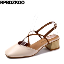 Slingback Japanese Medium Heels Pumps Cross Strap Strappy Elegant Women Shoes Brown Block Sandals High Square Toe 2021 Beige New 2024 - buy cheap