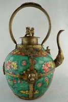 Plateado China de tallado manual para decoración del hogar, utensilios grandes pintados a mano de porcelana verde, olla de té/jarra de latón para boda 2024 - compra barato
