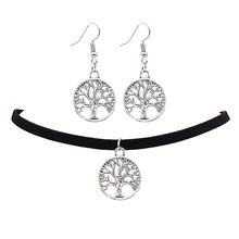 Hot Fashion Black Velvet Leather Vintage Silver Color Tree of Life Pendant Choker Necklace Drop Earrings Jewelry Set for Women 2024 - buy cheap