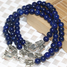 Pedra natural azul lapis lazuli multicamadas sino pingente longo strand pulseiras 6mm contas redondas prata-cor jóias femininas b2240 2024 - compre barato