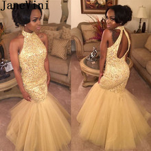 JaneVini-lujoso vestido de fiesta de sirena con cristales dorados para niñas negras, cuello alto, abertura en la espalda, abalorios, vestidos de noche 2024 - compra barato