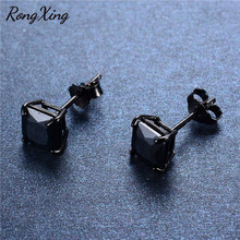 RongXing Vintage Square Black Stud Earrings for Women Silver Color Black Gold Filled CZ Crystal Earring Fashion Jewelry 2024 - buy cheap