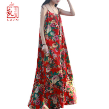 LZJN Original Maxi Slip Dress 2020 Summer Sarafan Cotton Linen Sundress Elegant Robe Femme Long Tunic Floral Women Beach Dresses 2024 - buy cheap