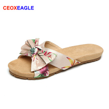 Sandálias femininas de verão com laço, chinelos para áreas internas e externas, sapatos de praia, novo chinelo casual com flores 2024 - compre barato