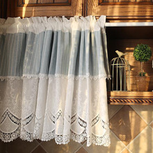 High Quality Half-curtain Pure white Embroidery Blue Stripes Roman Curtain Lace Hem Coffee Curtain for Kitchen Cabinet Door 2024 - buy cheap