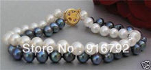P & P, bonita Pulsera de perlas cultivadas en blanco y negro, 7-8mm, 2 filas, 7,5" 2024 - compra barato
